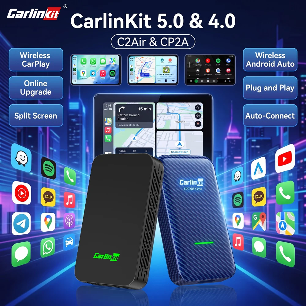 CarlinKit Wireless CarPlay Android Auto Adapter Mini Smart CarPlay AI Box Plug &Play 2.4G&5Ghz WiFi BlE Auto-Connect OTA Upgrade