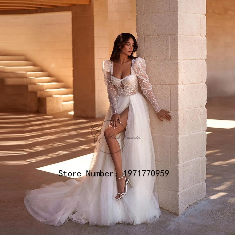 

Princess Ivory High Slit Puffy Full Sleeve Wedding Dress with Glitter Beading Classic Lace Up Open Back Vestidos De Novia 2024