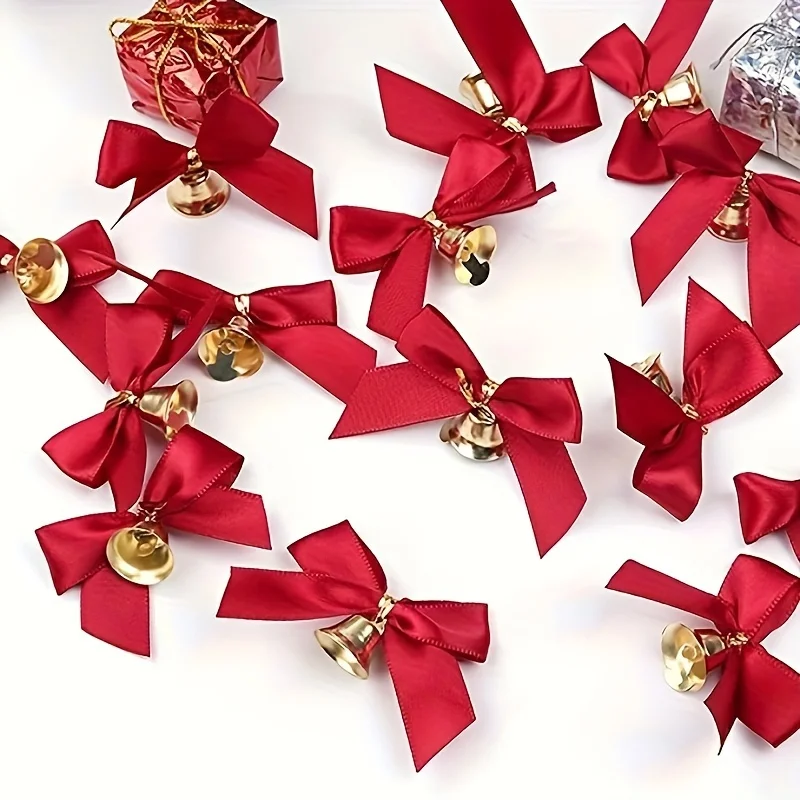Rote Satinbandschleifen mit Glöckchen – handgefertigte Mini-Weihnachtsdekoration, Neujahrsdekoration, perfekt für Geschenkverpackungen, Weihnachtsdekorationen
