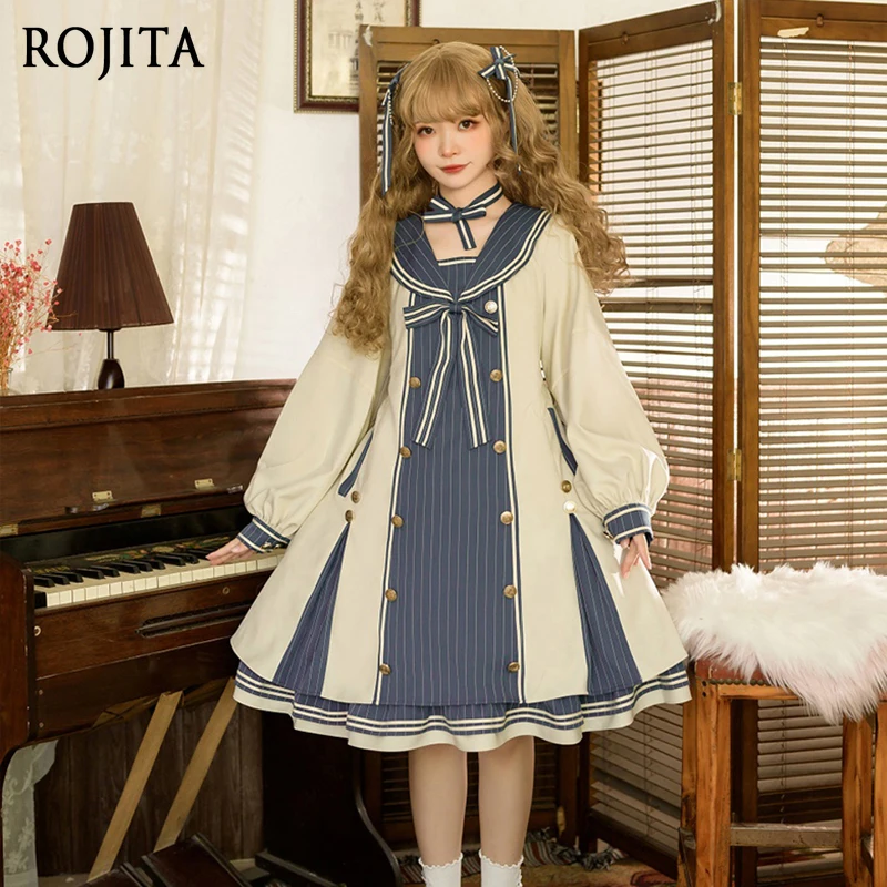 

Autumn Winter Navy Collar Blue Striped Long Sleeve Dress Women Lolita Daily Dress Includes Neck Ribbon and Headpiece