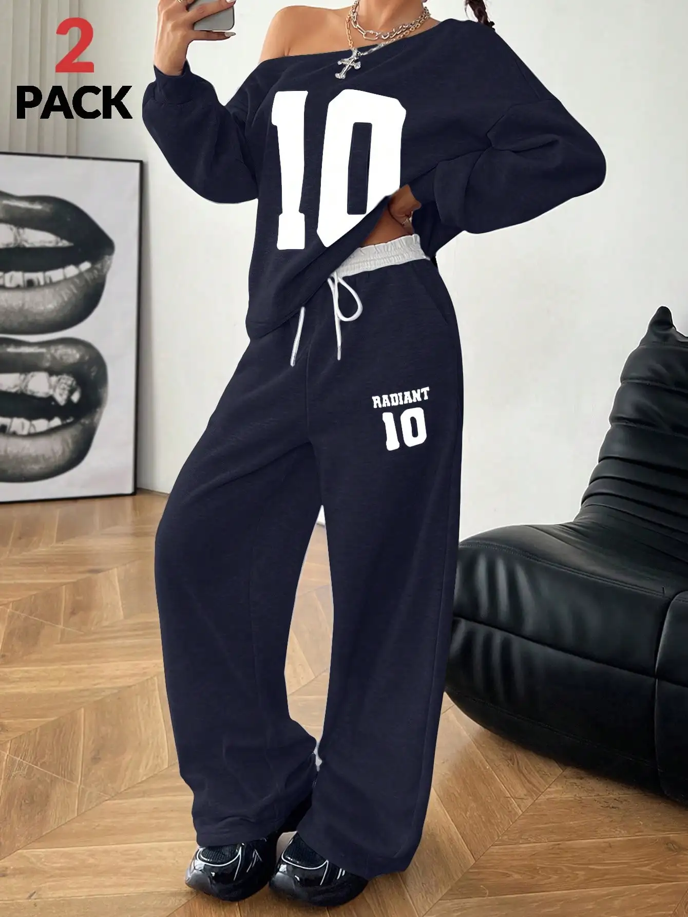 BWQ الفتيات الشتاء Y2K Preppy ارتداء اليومي عدد ملابس منقوشة بكم طويل البلوز وحزام مطاطي أبيض واسعة الساق Sweatpants #5