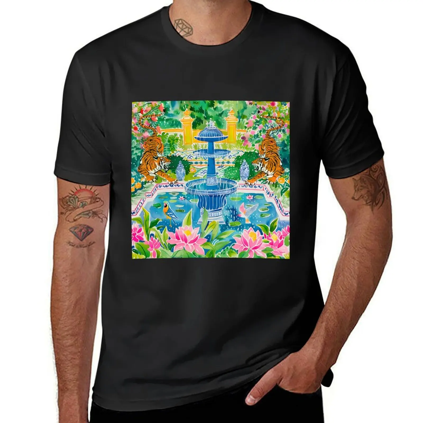 Tigers near fountain in Moroccan garden T-Shirt aesthetic clothes summer tops plain t shirts men