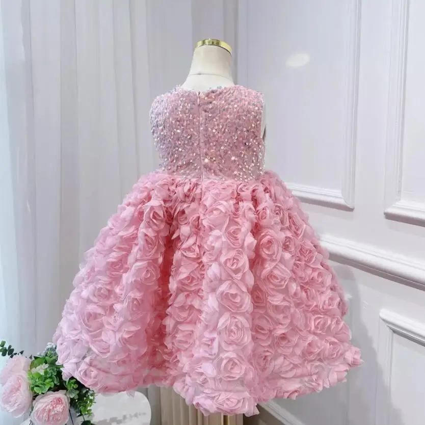 New Children's Princess Evening Gown Pink Floral Sequined Design Wedding Birthday Baptism Girls Party Dress A3548 Vestidos