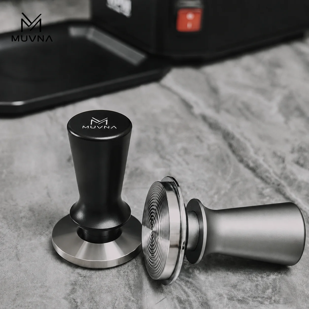 MUVNA Constant Pressure Coffee Tamper 51/53/58mm Self-Leveling Espresso Tamper with Flat or Ripple Base Black Gray Ripple Tamper