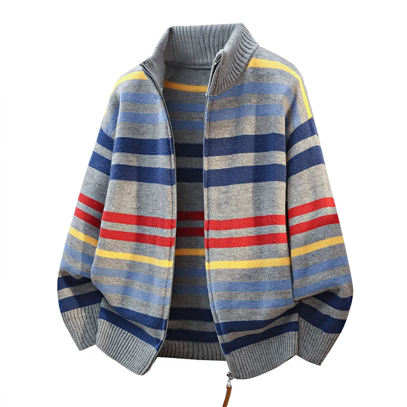 

Повседневный вязаный кардиган в полоску, мужской весенне-осенний новый Sle, корейская версия, воротник-стойка, длинный свеч, Ciwalk, полиэфирное волокно