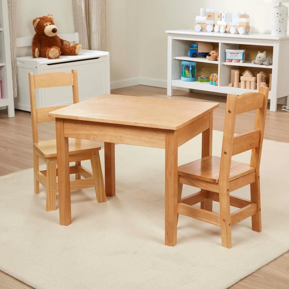 Solid Wood Table and 2 Chairs Set - Light Finish Furniture for Playroom,Blonde