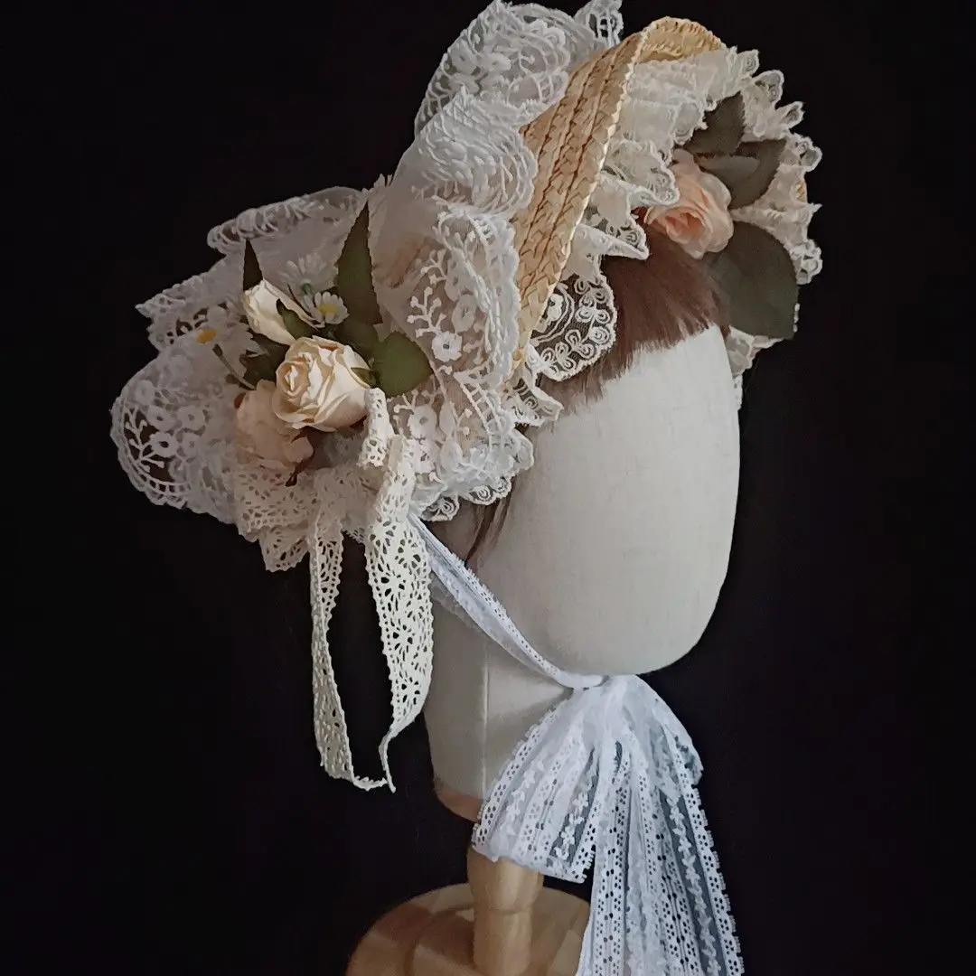 

Original Design Forest Straw Lace Bonnet Cap Elegant Tea Party Cosplay Fascinators Headdress Flower Ribbon Lace Lolita Headpiece