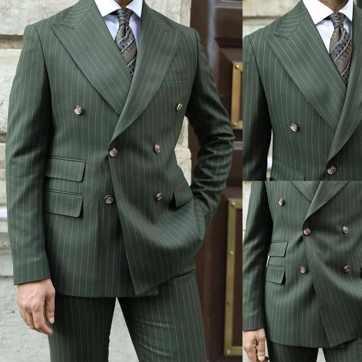 New Men Suit Tailor-Made 2 Pieces Blazer Black Pants Double Breasted Pinstripe Modern Wedding Groom Prom Customized