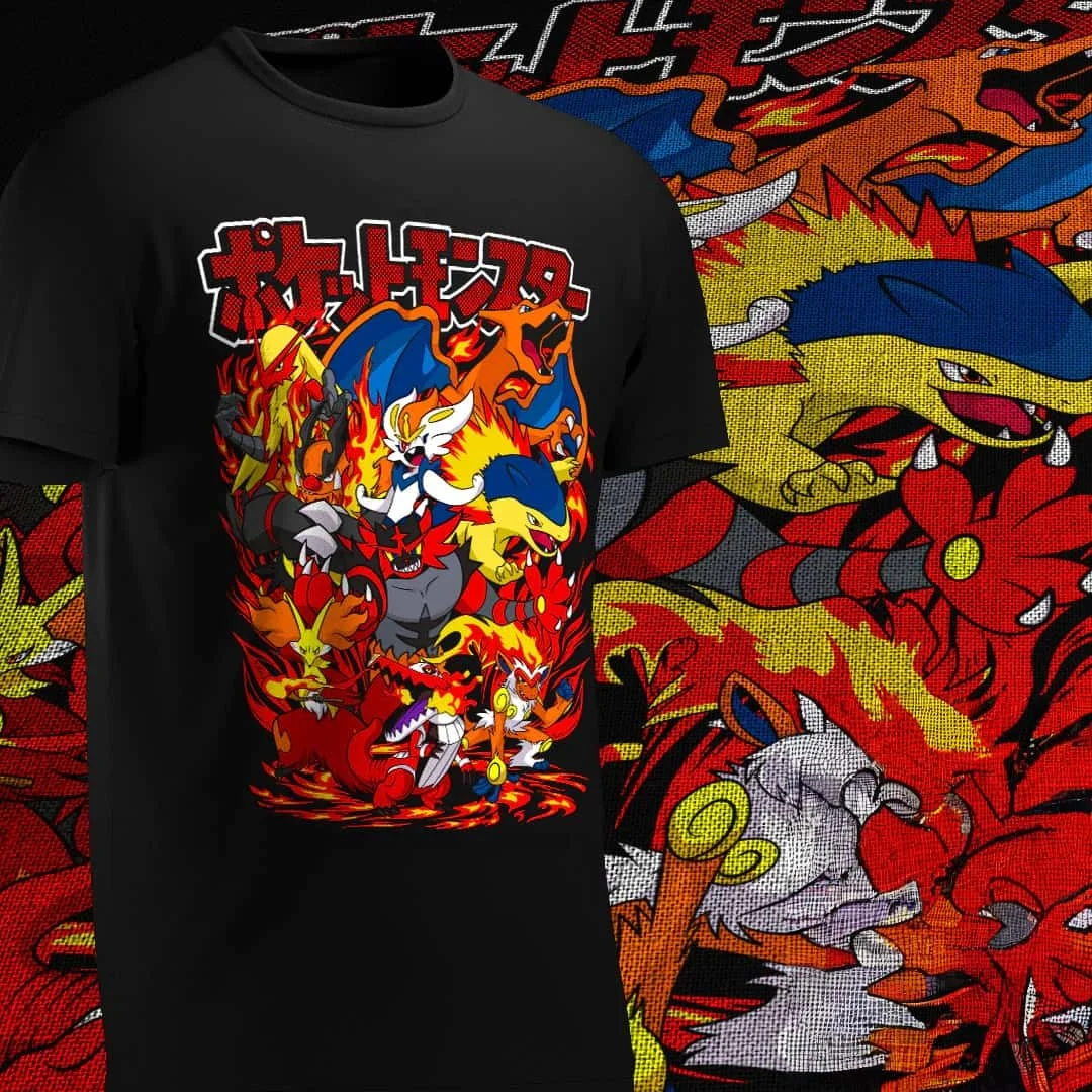 2026 Pok É Mon Fire Series All Star Gathering Cotton T-shirt Anime Style Large Loose Men and Women Summer New Short Sleeve