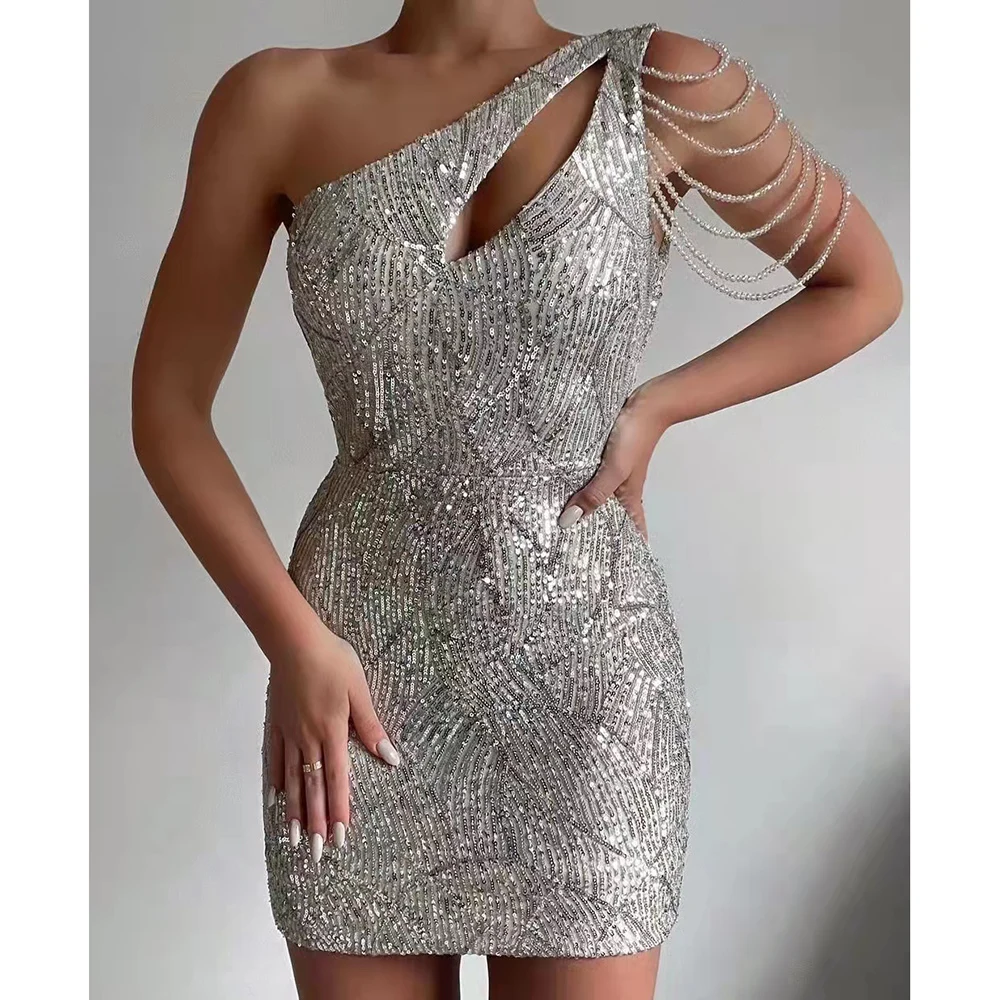 

DSP One Shoulder Silver Sequin Prom Dress Mini Short Women's Bodycon Party Dress Sexy Evening Dress