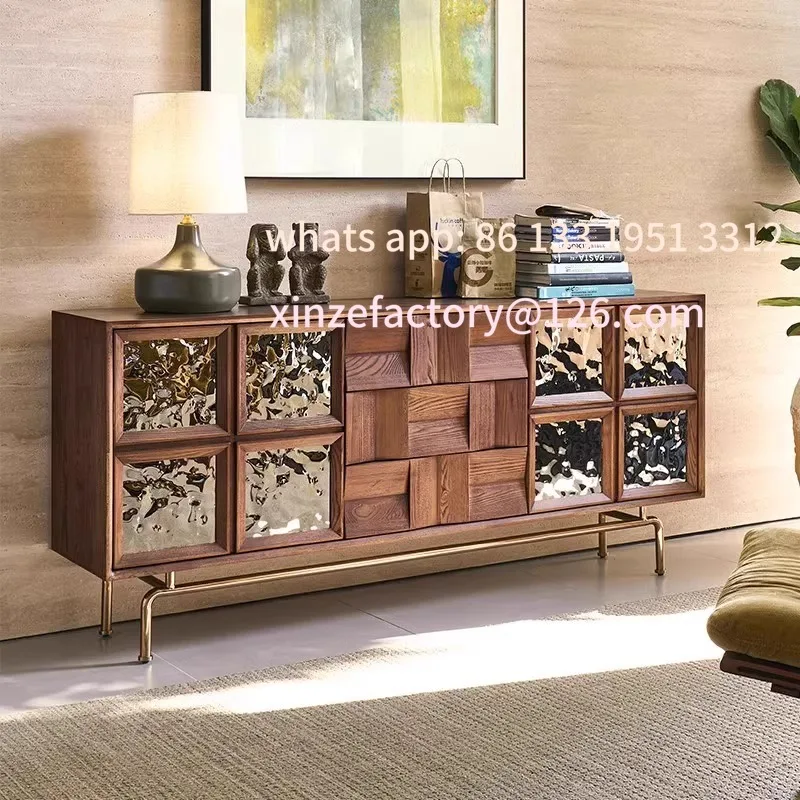 

Customizable French medieval dining side cabinet solid wood living room porch cabinet glass door tea cabinet ash wood wine