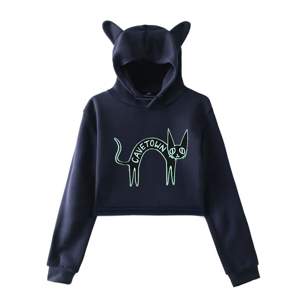 Cavetown Cat Ear Hoodie Women Long Sleeve Cropped Sweatshirts Female Casual Streetwear Crop Tops