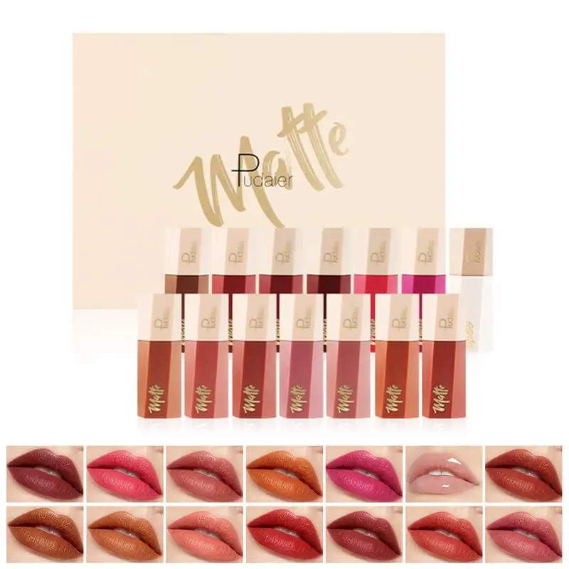 14pcs Matte Velvet Lip Glaze set Fluffy Velvet Soft Lip Glaze Waterproof Long Lasting Non-stick Cup Women Sexy Lip Tint Glaze