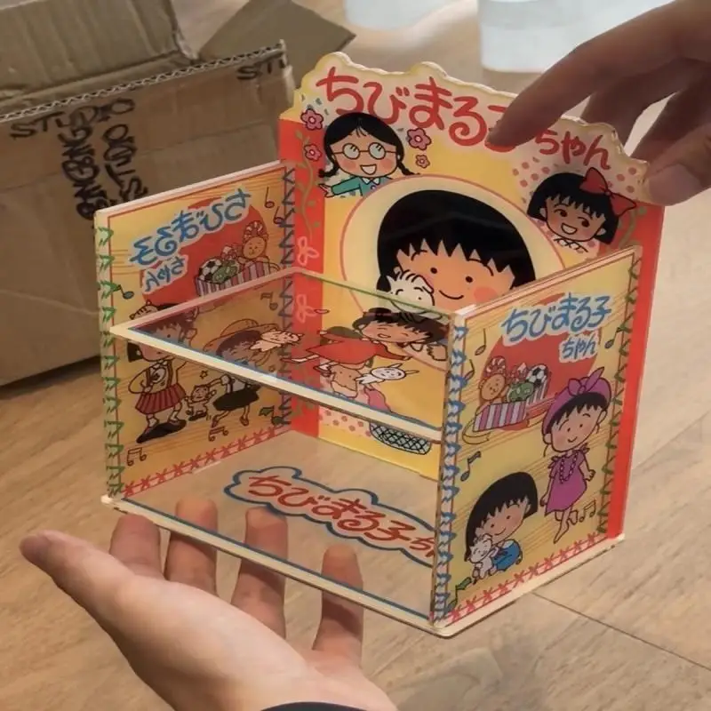 Kawaii Chibi Maruko-Chan Anime Peripherals Cartoon Acrylic Double Layer Storage Rack Desktop Miscellaneous Storage Box