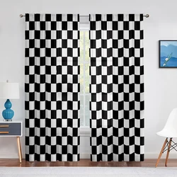 Black and White Checkered Sheer Voile Curtain for Living Room Bedroom Kitchen Decorations Race Car Flag Window Tulle Curtains