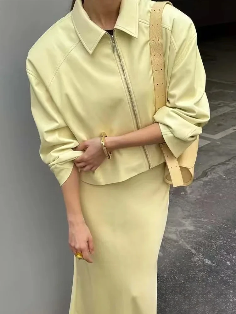 

KONDALA Vintage Women Butter Yellow Jackets Turn-down Collar Long Sleeve Coat New Fashion 2025 Spring Commuter Holiday Outwear