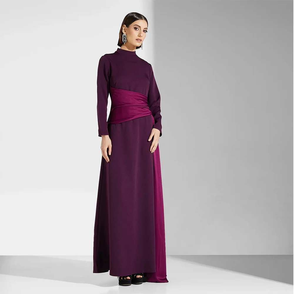 

Elegant Evening Dresses Women Elegant High Collar Floor Length Simple Prom Dress 2025 Pleated Long Sleeves A Line Party Gowns
