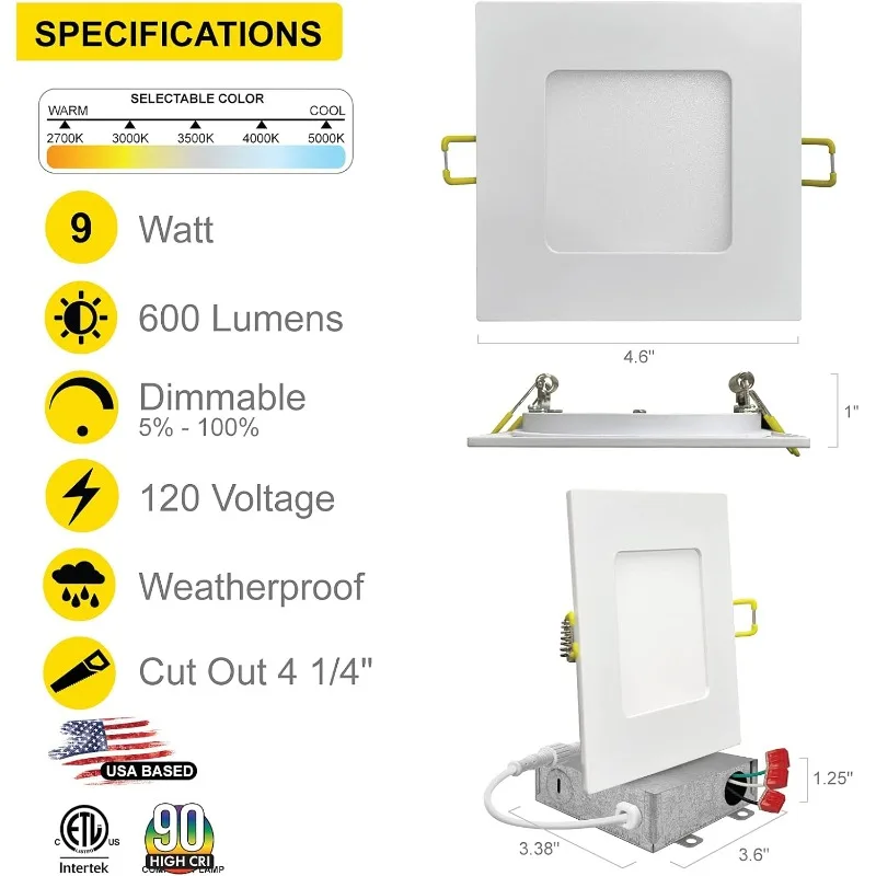 home.12 Pack 4 Inch LED Square Recessed Lighting 4in Square Wafer Lights, Canless LED Downlight, Diecast Aluminum J-Box