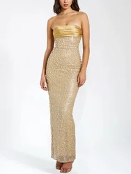 2024 New High-Quality Summer Women's Gold Strapless Sequin Pearl Bead Tight Long Dress Elegant Party Evening Dress