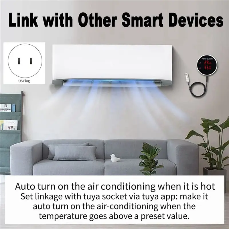 

A64I Tuya Wi-Fi датчик температуры и влажности внешний зонд цифровой ЖК-дисплей комнатный термометр гигрометр вилка европейского стандарта