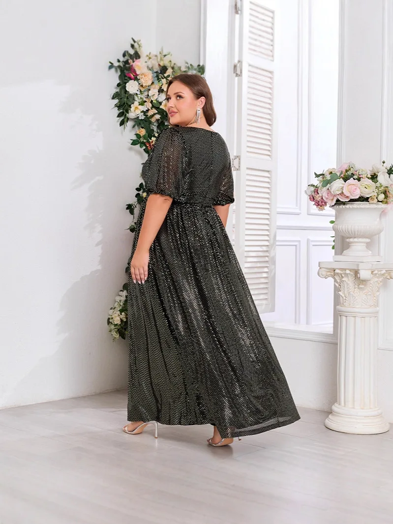 BKQU 우아한 플러스 사이즈 반짝이는 브이넥 스플라이스 반소매 이브닝 가운 드레스 A-리스트 완전 안감 처리된 뒷면 지퍼 파티 드레스