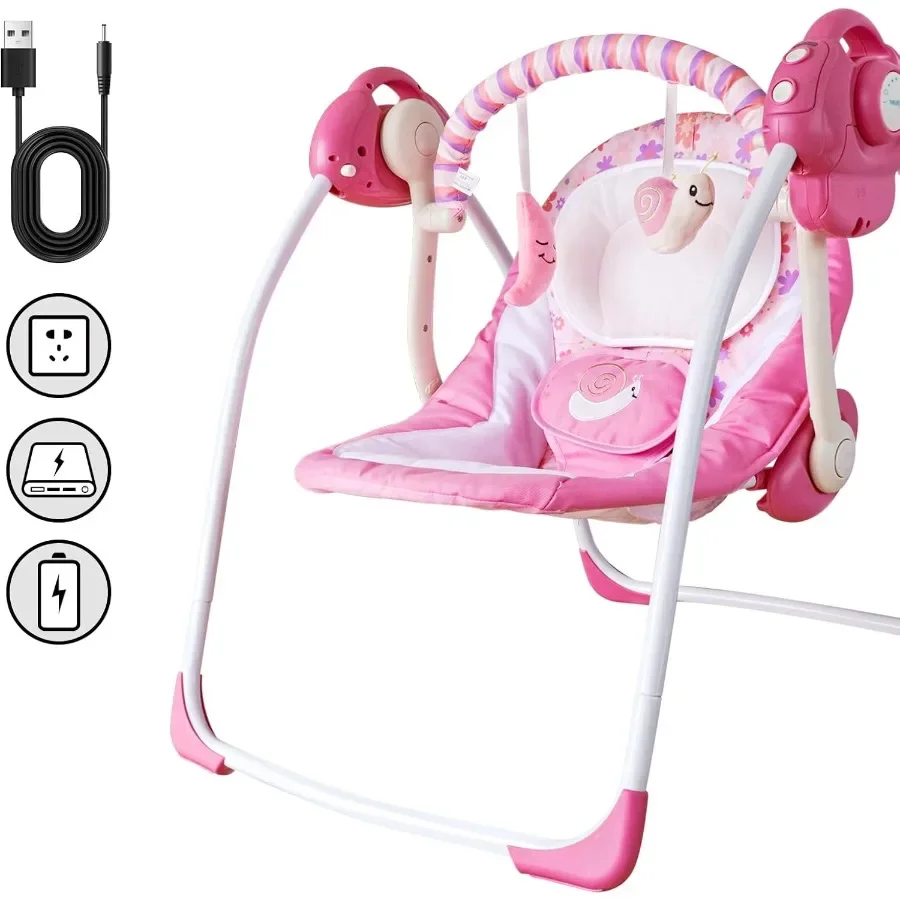 Electric Baby Swing for Infants 0-9 Months 6-25 lbs Powered by Power Cord and Batteries Indoor Outdoor Use Easy-Fold Design Sof
