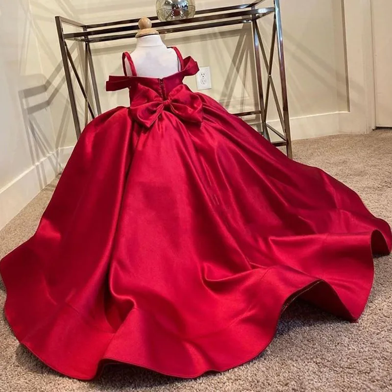 Children's beauty pageant red Bow satin one shoulder drag tail evening party dress flower girl bridesmaid wedding dress