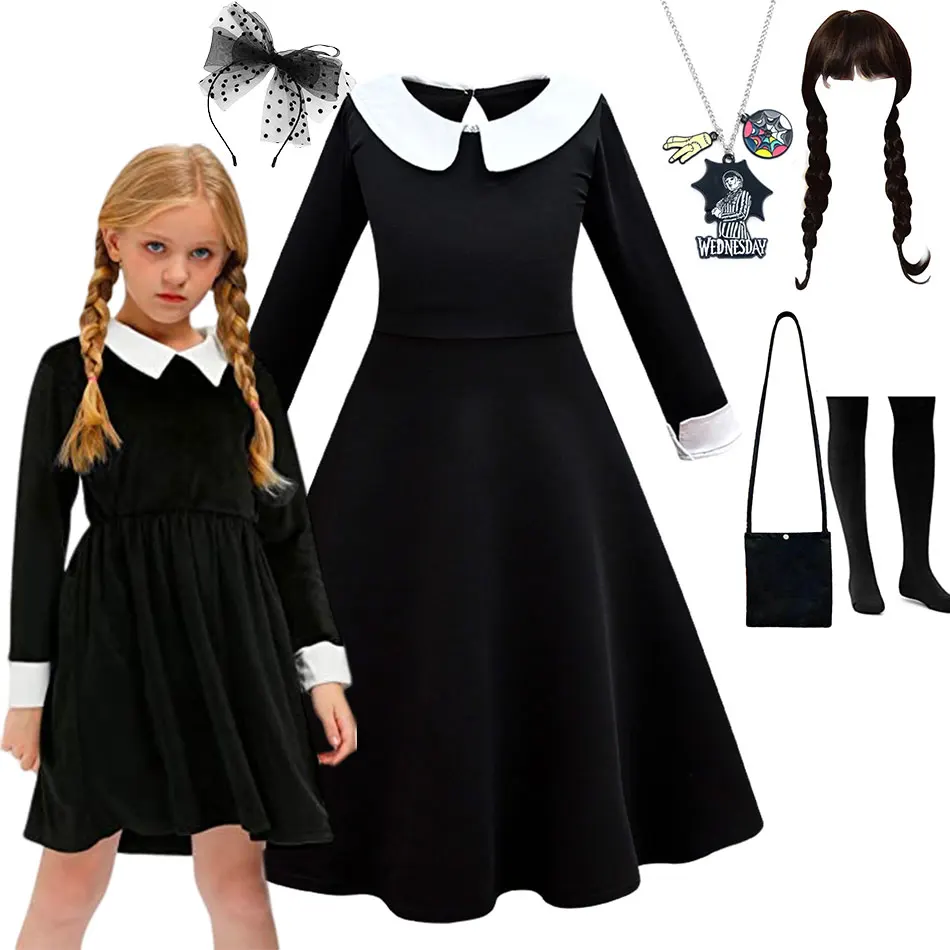 

2023 Halloween Costume Wednesday Addams Dress for Girl Long Sleeve Elegant Black Dresses Party Cosplay Carnival Children Clothes