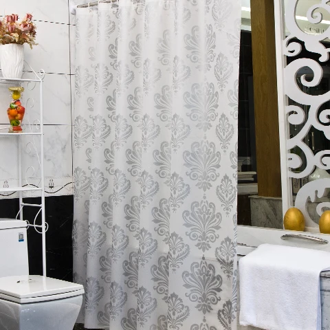 

Shower Curtain Silver Floral Printed Water Resistant White Bathroom Curtain 180cm Luxury Pvea Fabric Toilet Decor with Hooks