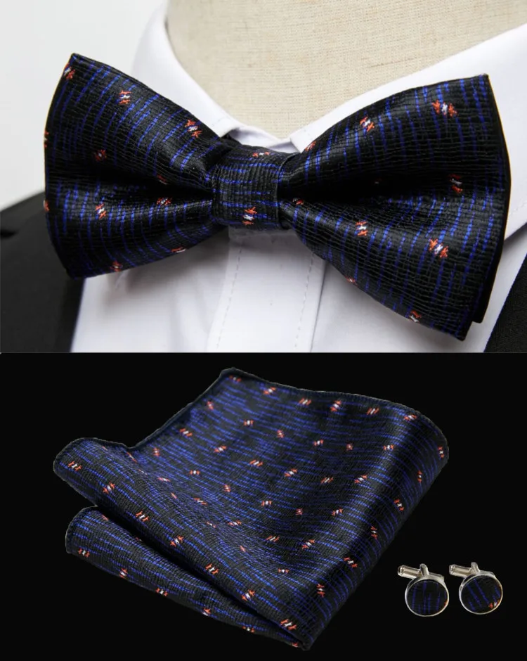 HUISHI Klassische blaue Fliege für Männer, Paisley-Blumenfliege, Einstecktuch, Manschettenknöpfe, Anzug-Set, Hochzeit, Party, kariert, solide Schmetterling – Detail 8