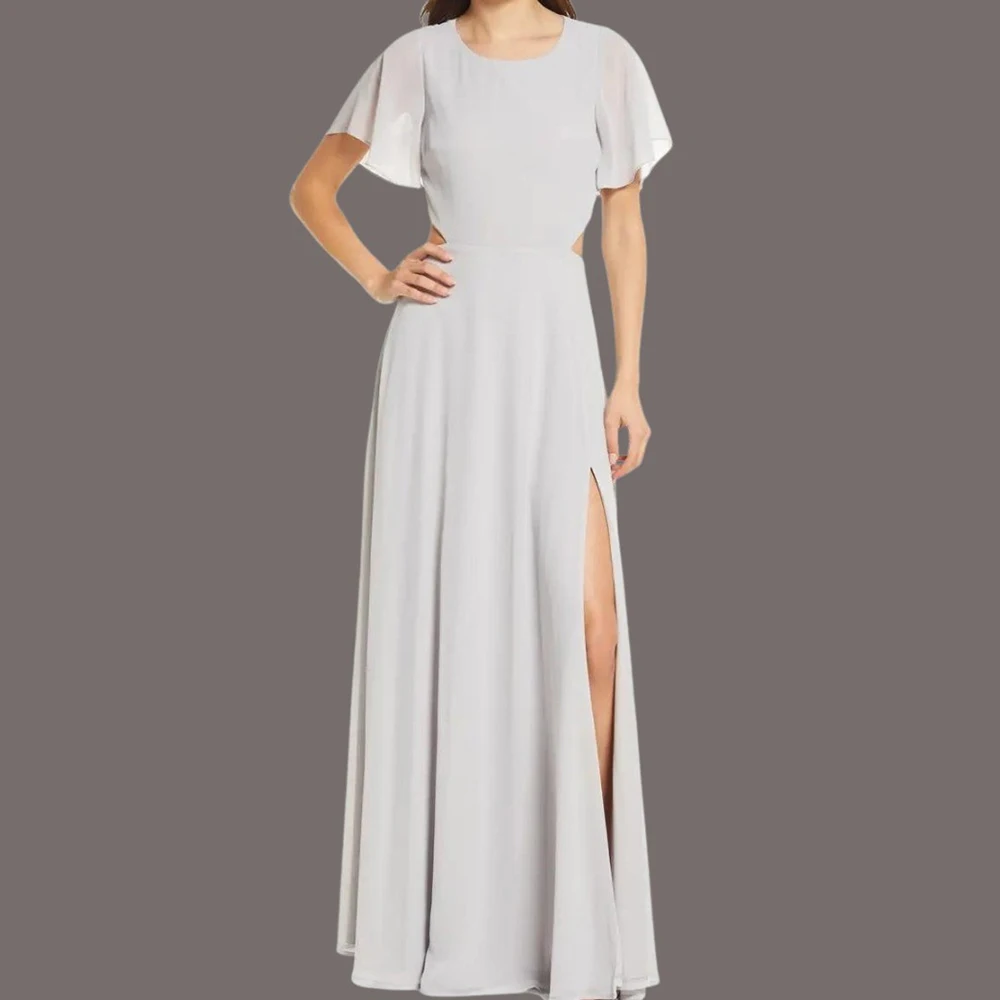 

Simple Straight White Floor Length Evening Dress Modern O-neck Jersey Short Sleeves Pleats Saudi Arabia Vestido De Noche Women