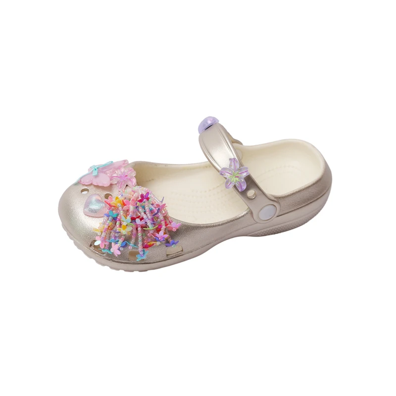 

2026 Summer Girls Closed Toe Outdoor Slippers Fashion Pink Candy Color Beaded Tassel Beach Shoes For Holiday Vacation Daily Wear