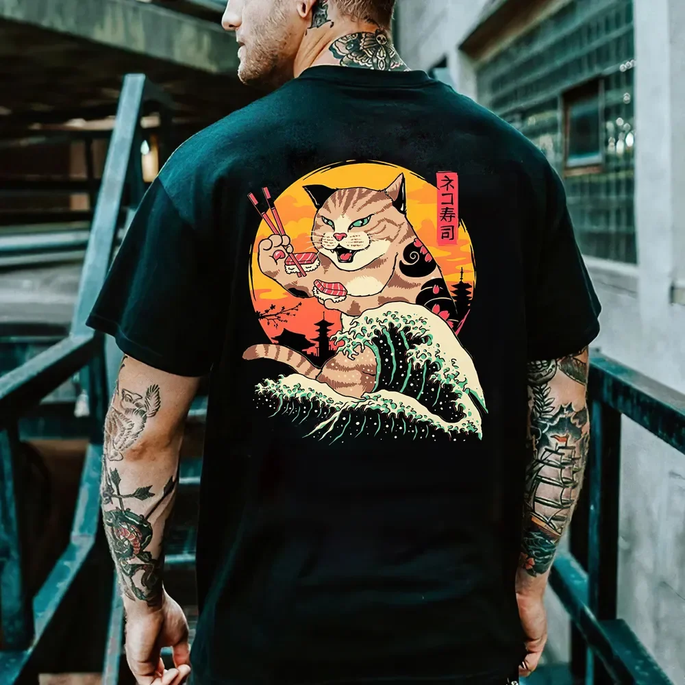 Kaus gambar kartun Anime Samurai kucing untuk pria luar ruangan kaus lengan pendek longgar kerah O baju Vintage Harajuku Hip Hop luar ruangan