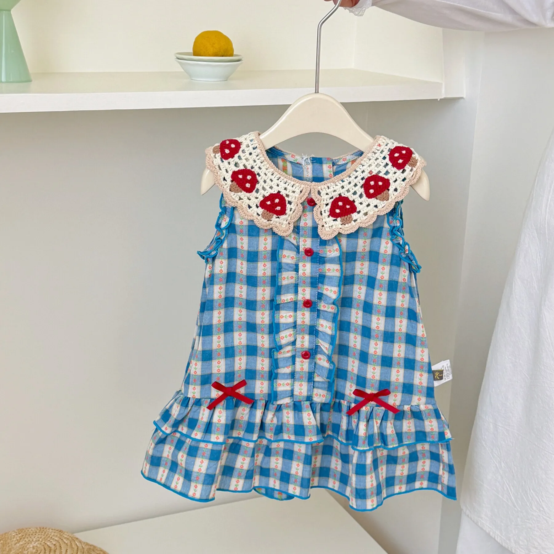 Summer Girls' Blue Plaid Dress Strawberry Embroidered Doll Collar A-line Princess Dresses Thin Bow Sundress 0-6Years Old