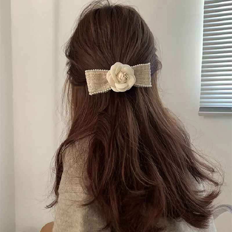 Elegant Tweed Camellia Bow Hairpin for Women Duckbill Clip Retro Headdress Hairgrips Back Head Party Vintage Hair Accessories