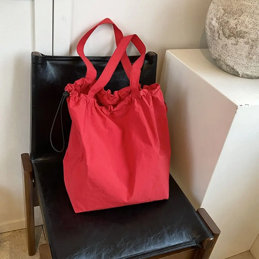 

Retro Solid Color Drawstring Tote Bag Washable Reusable Shopping Bag Environment-Friendly Large Capacity Canvas Handbag Travel