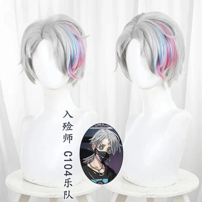 Game Identity V Departures C104 banda rosa azul cola de caballo encurtida Cosplay peluca pelo sintético resistente al calor Halloween + gorro de peluca