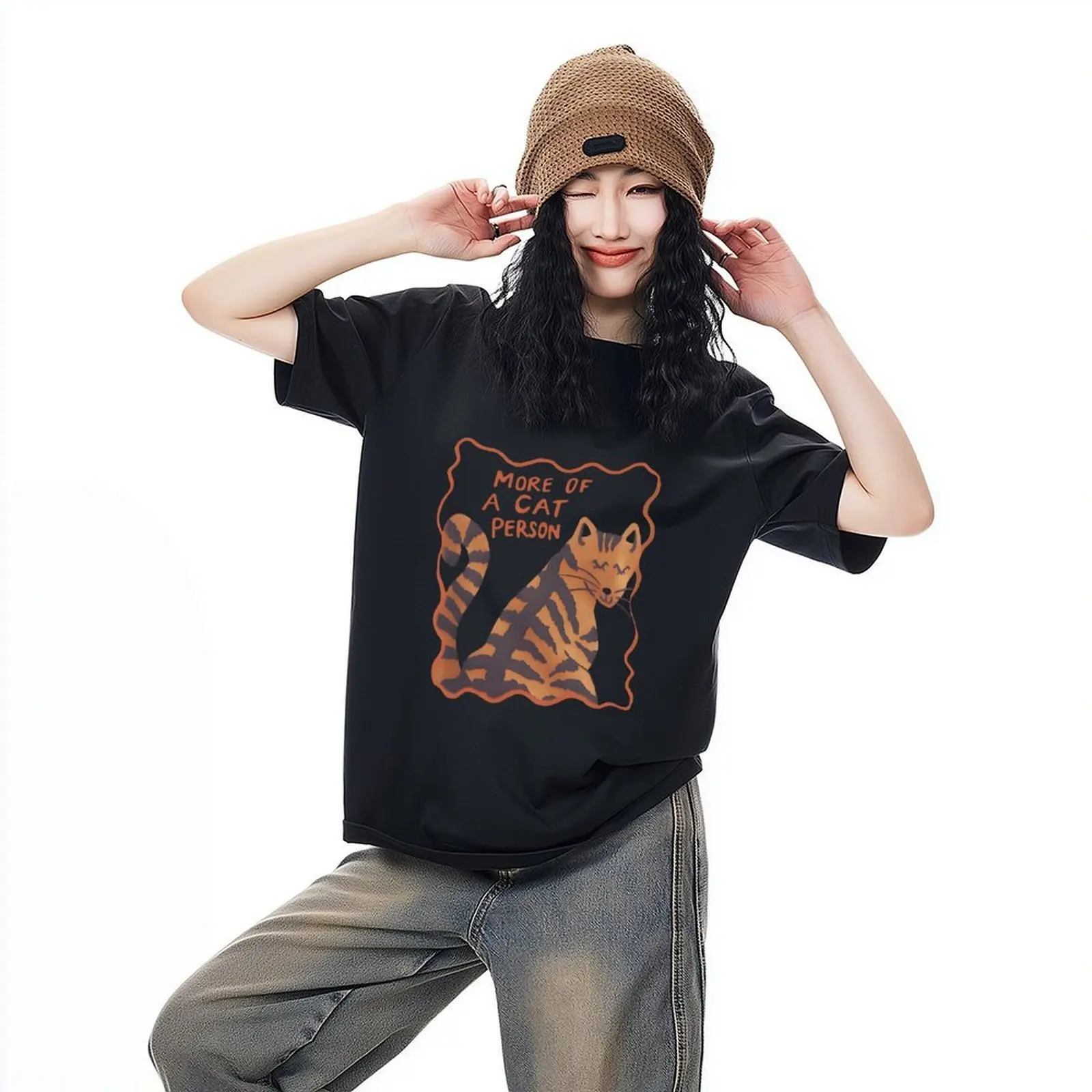 90s T Shirt Paris Women Cat Print T-shirt Short Sleeve Crew Neck Casual Top For Summer Spring Tops Korean Women's Clothing