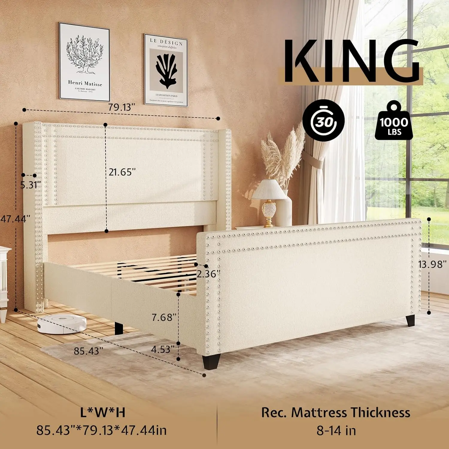 Struttura letto king size Jocisland, letto con piattaforma imbottita in ciniglia con testiera e pediera alari, finiture con testa di chiodo, senza scatola Spri