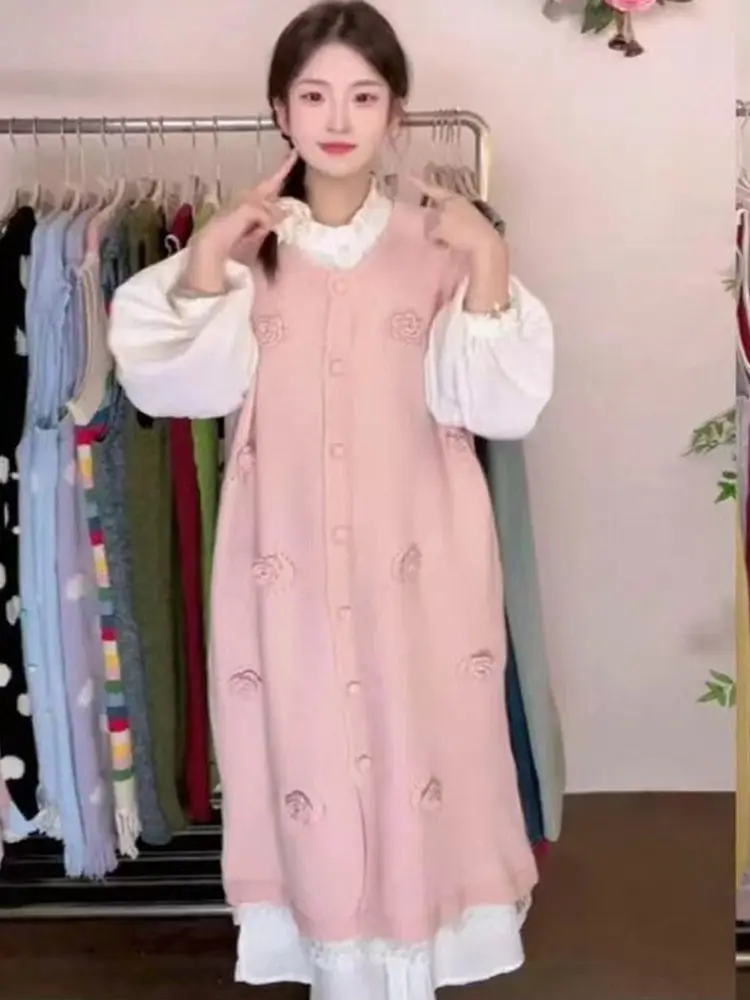 

Soft Sweet Fre 3D вязаный жилет с вышивкой розы Dr, женская осенне-зимняя новая длинная юбка большого размера, свободная посадка во французском стиле