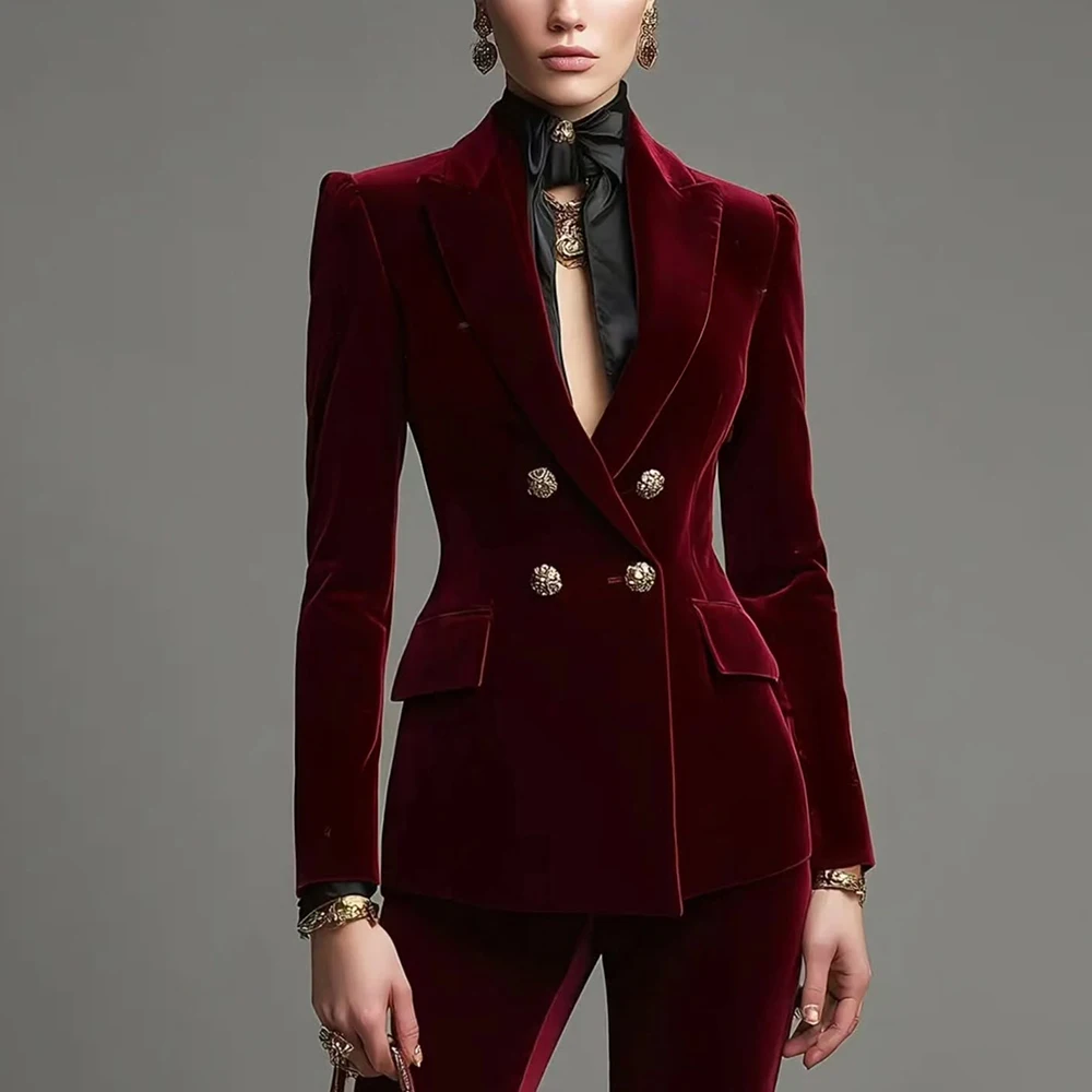 Burgundy Velvet Women's Suits High Quality Double Breasted Peak Lapel Slim Evening Female Clothing Luxury 2 Piece Jacket Pants