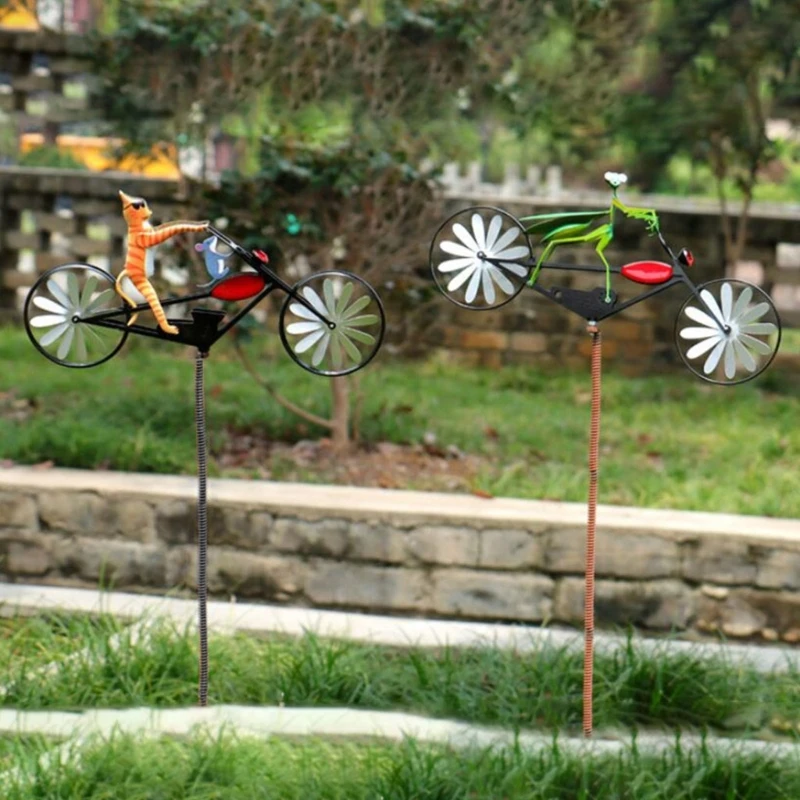 Adorno bicicleta ranas, molino viento Metal hecho a mano, artesanía jardín, artesanía libre 45BE