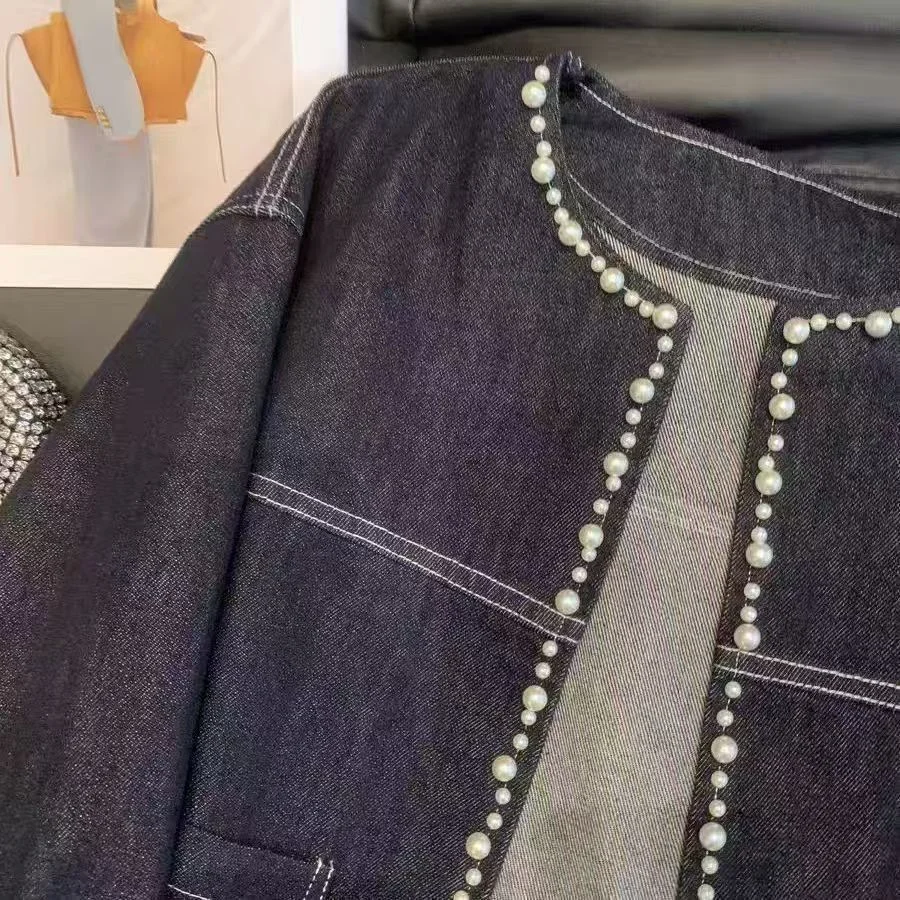 

O-neck Loose Nail Bead Denim Short Jacket Women Spring Autumn Versatile Casual Long Sleeve Top European Style Lapel Outwear