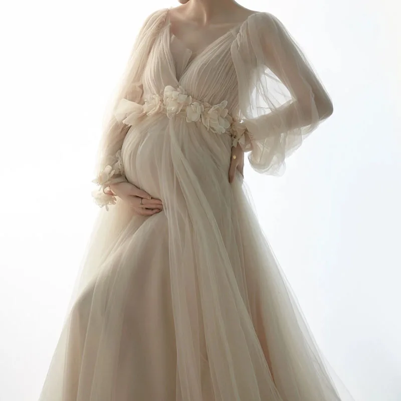 Maternity Dresses for Photo Shoot Long Sleeve Tulle Floral Maxi Gowns Dress Pregnant Women Photography Pregnancy Shooting Dress