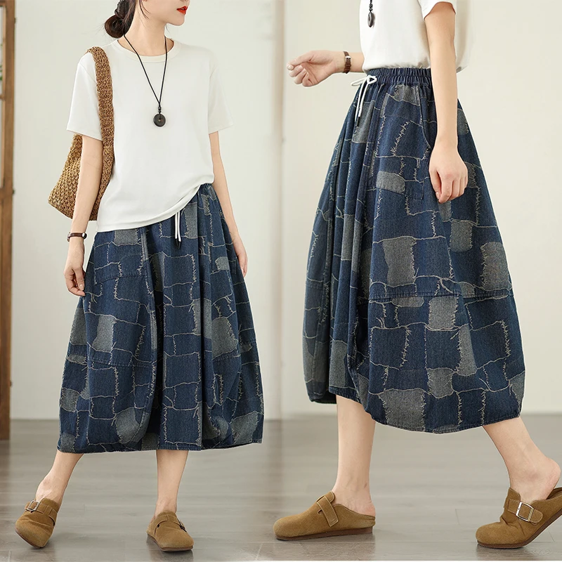 

Summer New Sle Loose Casual Denim Bloomer Skirt Thin Large Size Slimming f Body Skirt Embroidered Casual Cotton Skirt