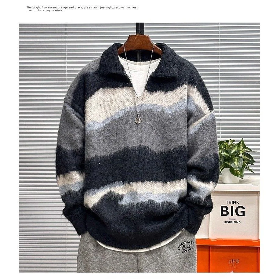 

Американский Sle винтажный нерегулярный цветной полосатый свитер для мужчин и женщин, осень-зима, новый ленивый Sle с искусственным норковым воротником...