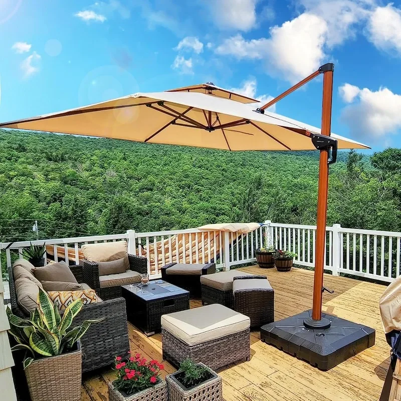 PURPLE LEAF 9' X 12' Double Top Deluxe Wood Pattern Rectangle Patio Umbrella Offset Hanging Umbrella Outdoor Market Umbrella