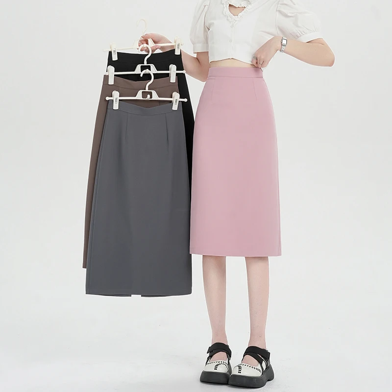 Eleganckie spódnice midi damskie z wysokim stanem, kopertowe, na wiosnę i jesień, nowe, jednolite, z rozcięciem z tyłu, zapinane na zamek, biurowe, ołówkowe, w kształcie litery A, 2025.