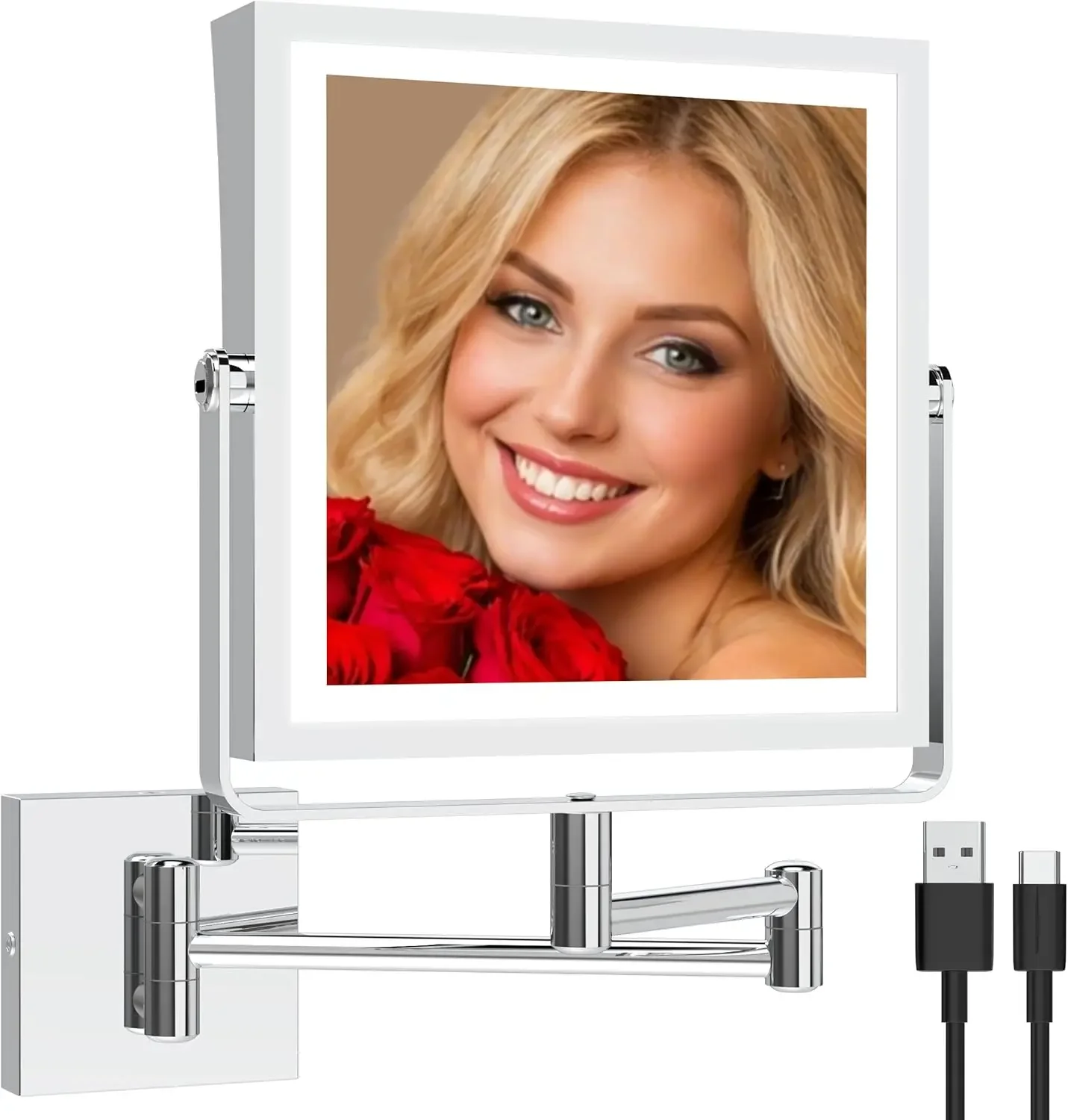 Double Sided 1X/10X Magnifying Wall Mounted Makeup Mirror with Lights, 3 Color Lighting, Touch Dimmable, 360° Rotation Foldable Arm