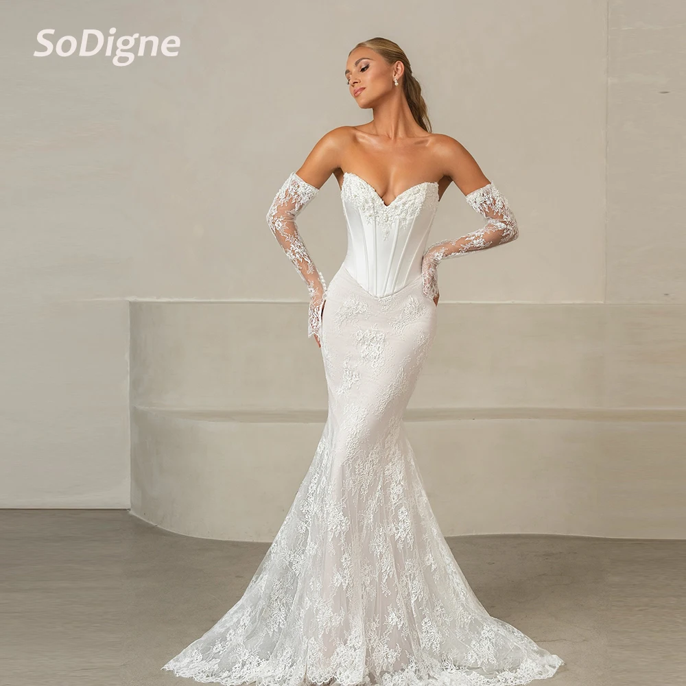 SoDigne Zeemeermin Kant/Satijn Trouwjurken Mouwloze Sweetheart Bruidsjurk Lange Bruidsjurk 2026 vestidos de novia Aangepaste